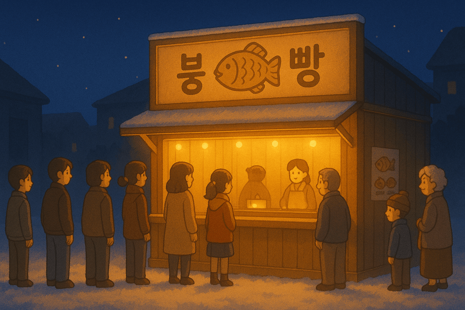 손님이 모여 있는 붕어빵 가게의 성공 엔딩 화면